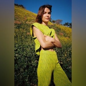 Zara Wide Leg Jacquard Green Trouser Pant